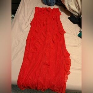 Red lace strapless dress